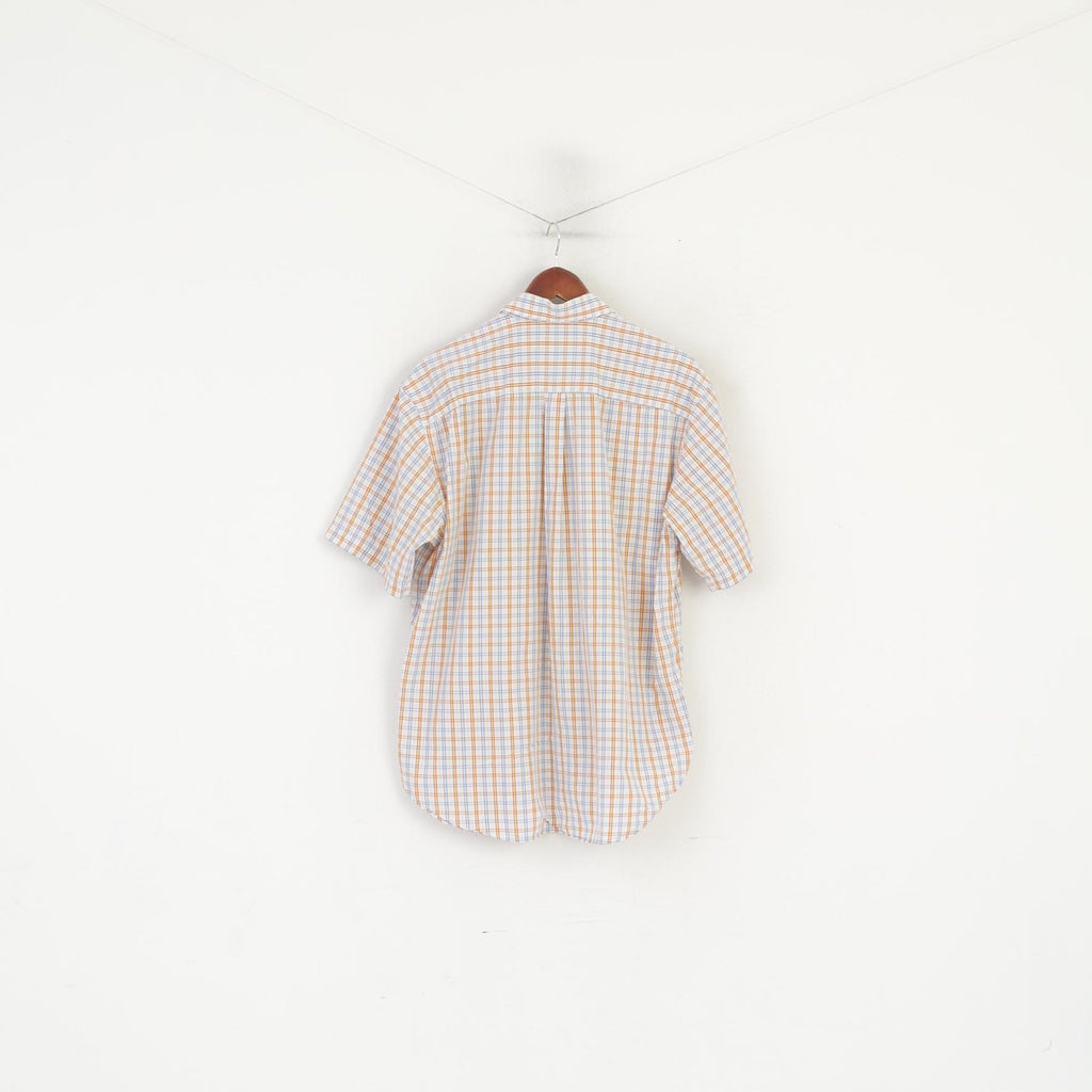 Lacoste Men 44 L Casual Shirt Blue Orange Check Cotton Long Sleeve Top