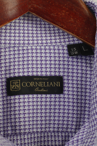 Corneliani Men 15 38 L Casual Shirt Purple Cotton Made in Italy Slim Fit Top