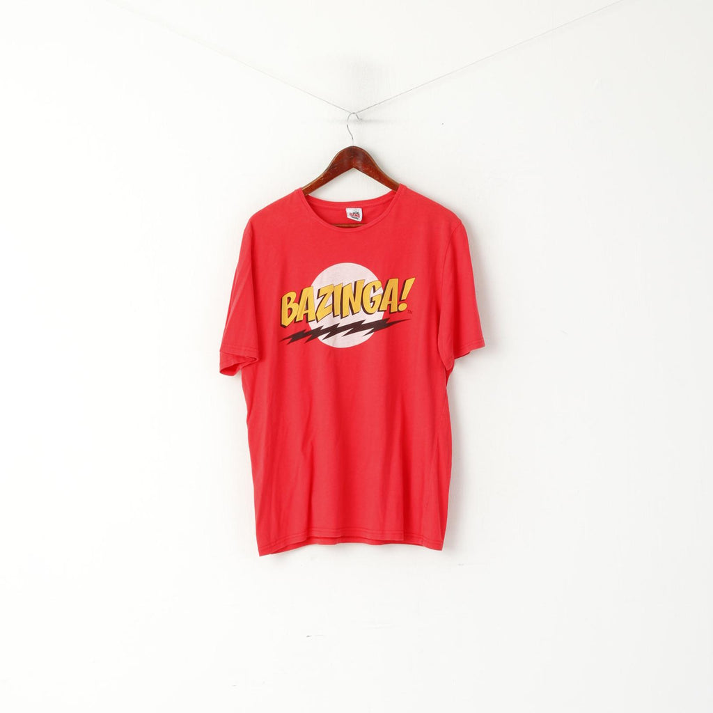George The Big Bang Theory Men L T- Shirt Red Cotton Graphic Bazinga Crew Neck Top