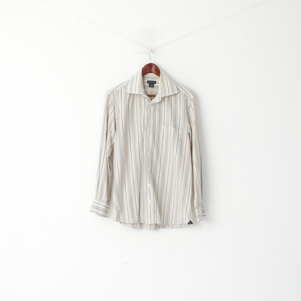 GANT Men M Casual Shirt Beige Striped 80's Two Ply Poplin Dress Fit Long Sleeve Top
