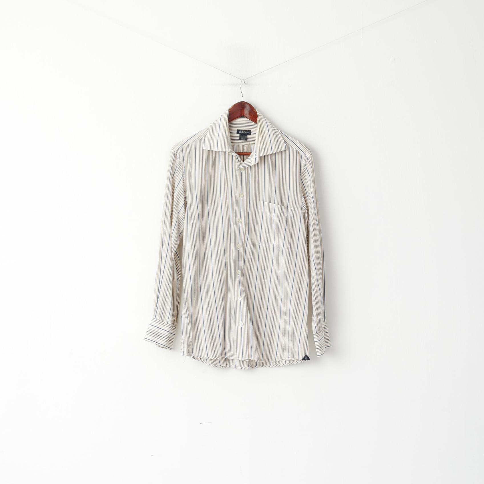 GANT Men M Casual Shirt Beige Striped 80's Two Ply Poplin Dress Fit Long Sleeve Top