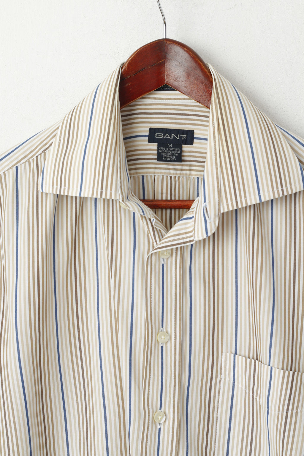 GANT Men M Casual Shirt Beige Striped 80's Two Ply Poplin Dress Fit Long Sleeve Top