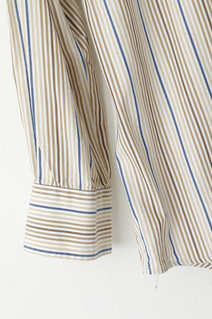 GANT Men M Casual Shirt Beige Striped 80's Two Ply Poplin Dress Fit Long Sleeve Top