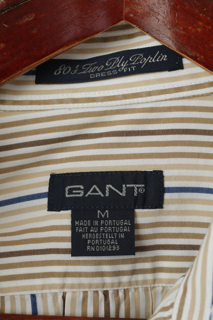 GANT Men M Casual Shirt Beige Striped 80's Two Ply Poplin Dress Fit Long Sleeve Top