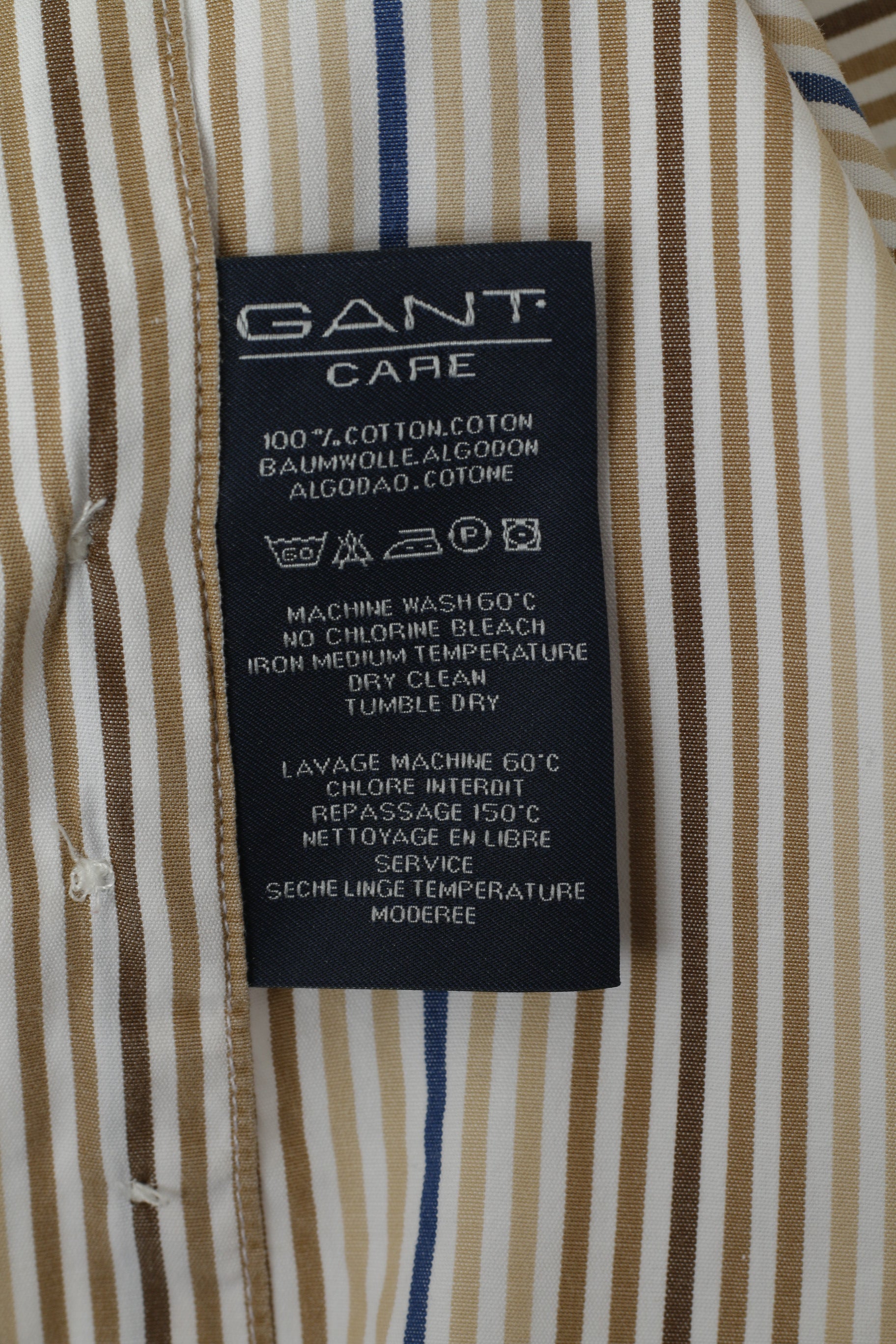 GANT Men M Casual Shirt Beige Striped 80's Two Ply Poplin Dress Fit Long Sleeve Top