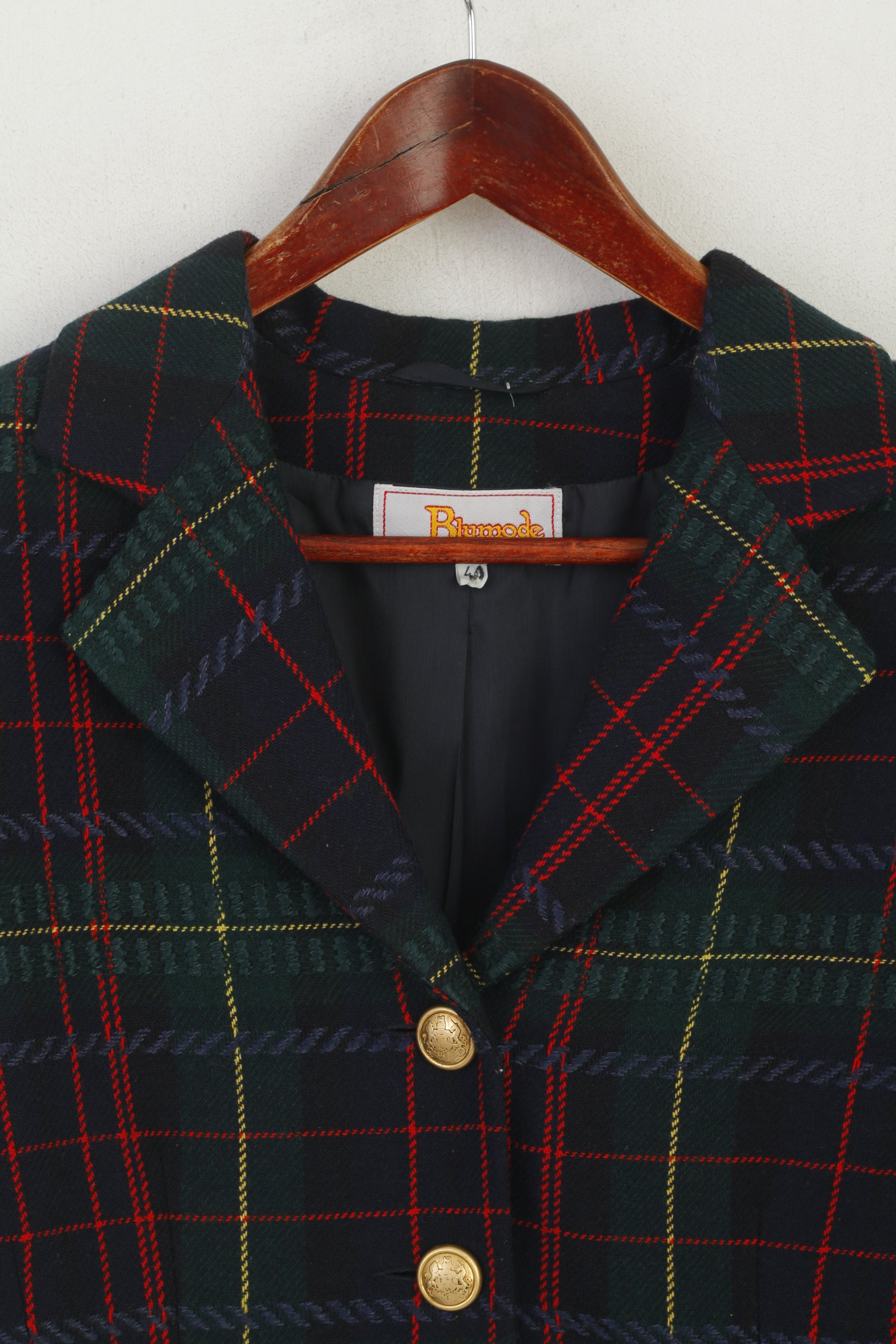 Blumode Women 40 M Blazer Vintage Wool Green Check Gold Buttons Made in Italy Jacket