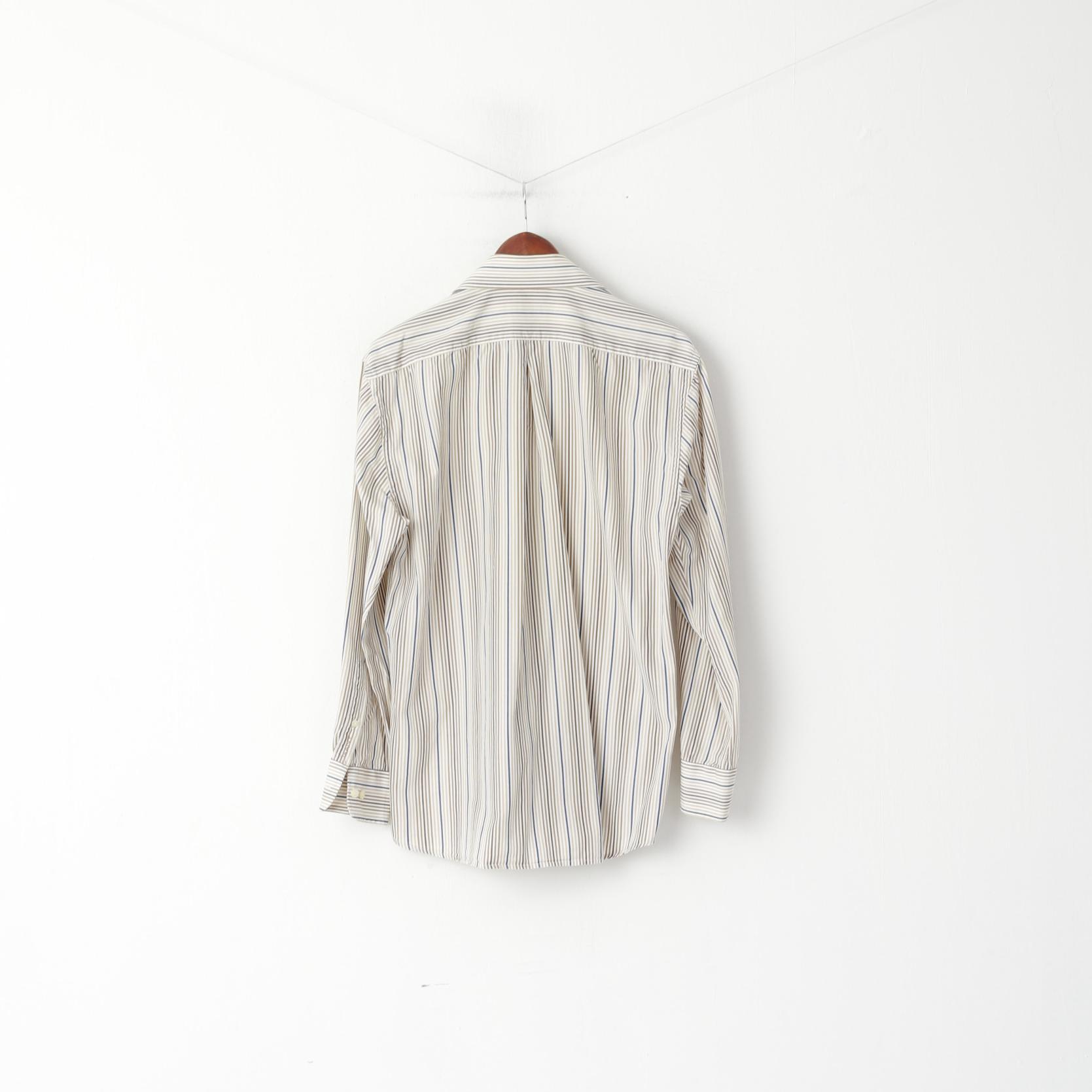 GANT Men M Casual Shirt Beige Striped 80's Two Ply Poplin Dress Fit Long Sleeve Top