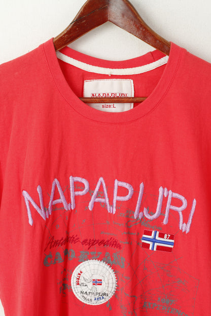 Napapijri Geographic Women L T- Shirt Red Embroided Logo Sport Top