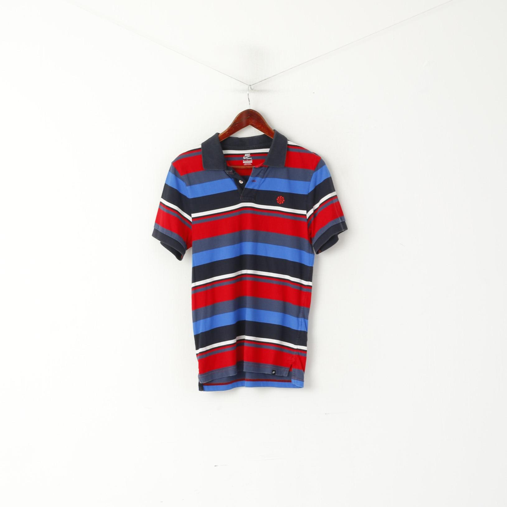 Nike Men S Polo Shirt Blue Red Striped Cotton Sportswear Slim Fit Classic Top