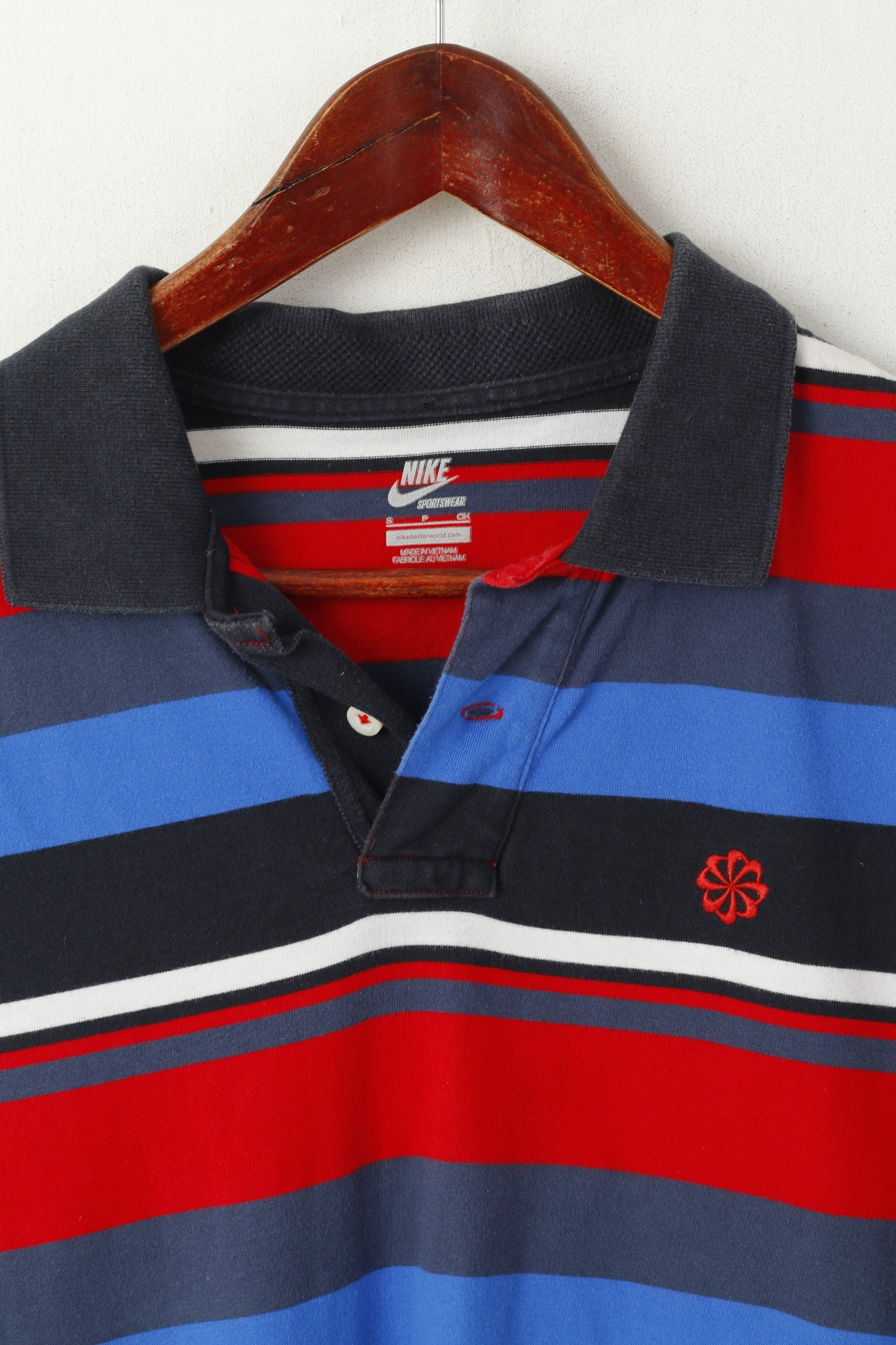 Nike Men S Polo Shirt Blue Red Striped Cotton Sportswear Slim Fit Classic Top