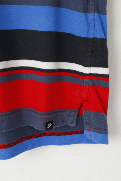 Nike Men S Polo Shirt Blue Red Striped Cotton Sportswear Slim Fit Classic Top