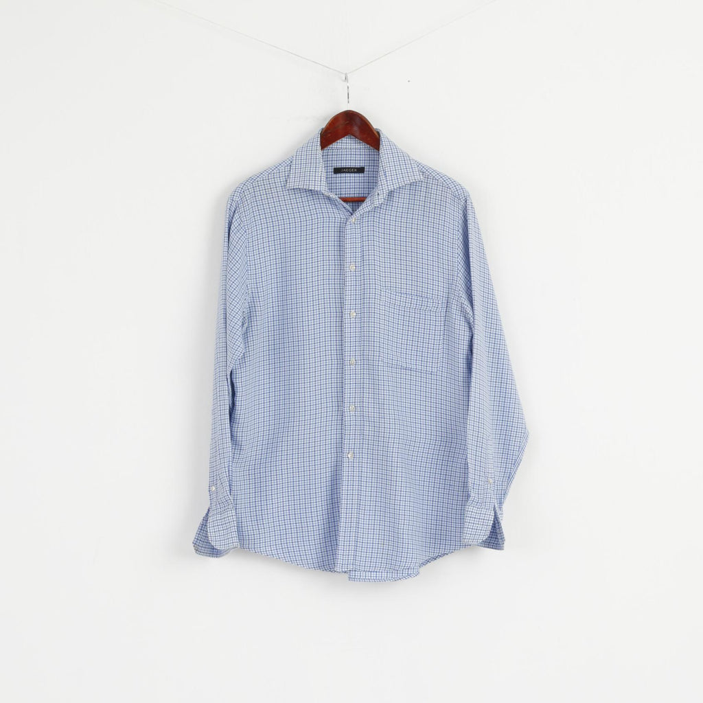 Jaeger Men 15.5 39 M Casual Shirt Blue Houndstooth Cotton Long Sleeve Top