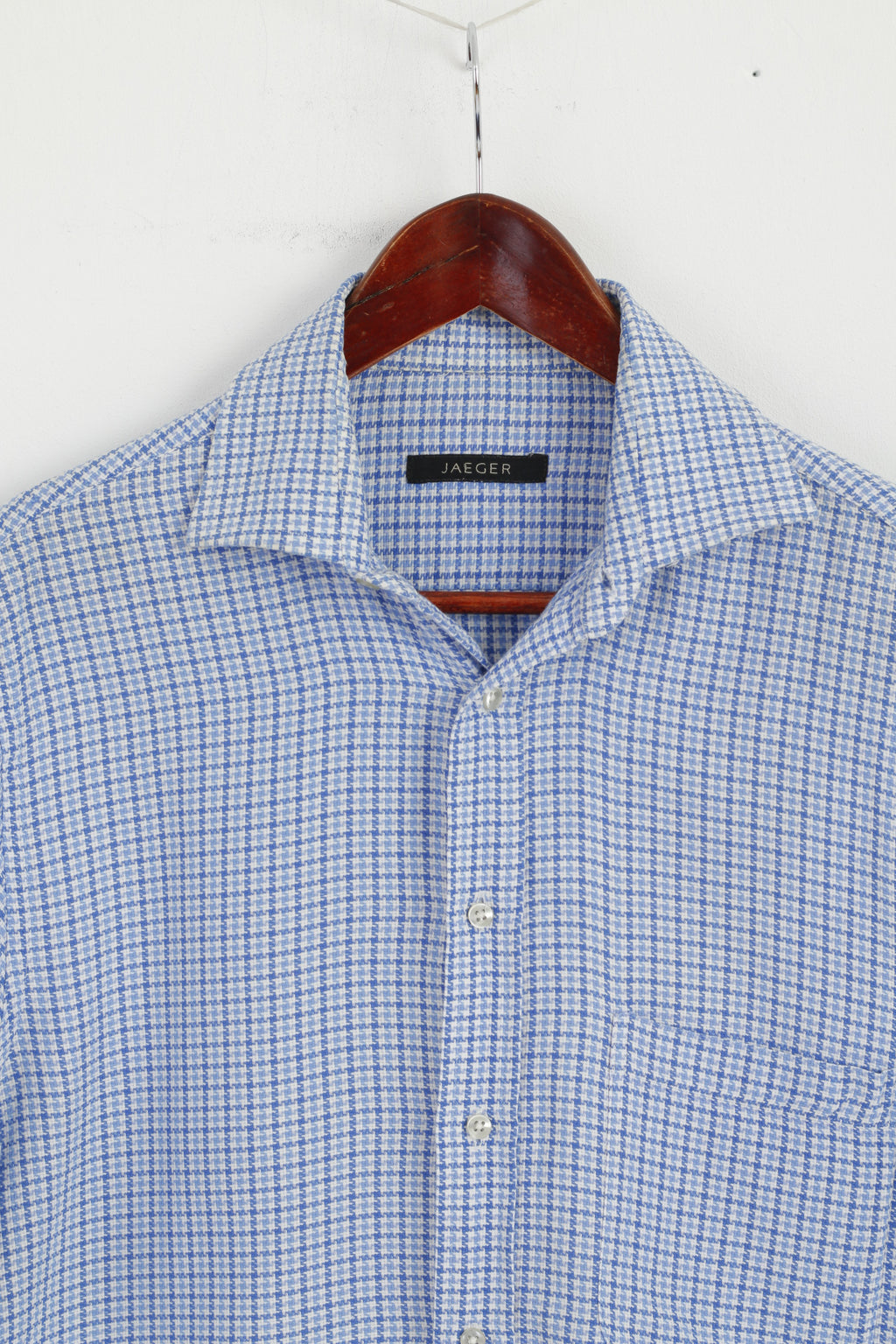 Jaeger Men 15.5 39 M Casual Shirt Blue Houndstooth Cotton Long Sleeve Top