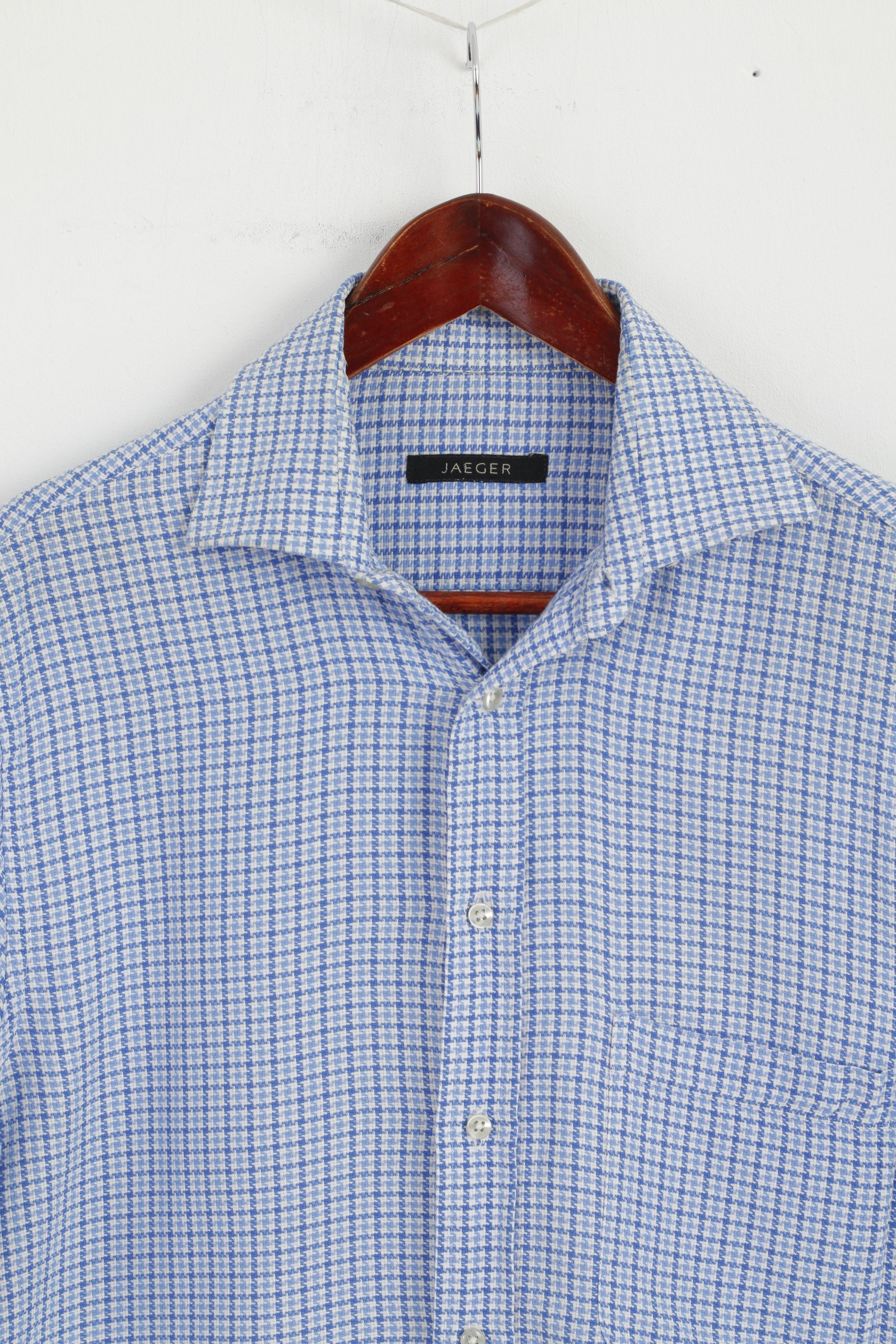 Jaeger Men 15.5 39 M Casual Shirt Blue Houndstooth Cotton Long Sleeve Top