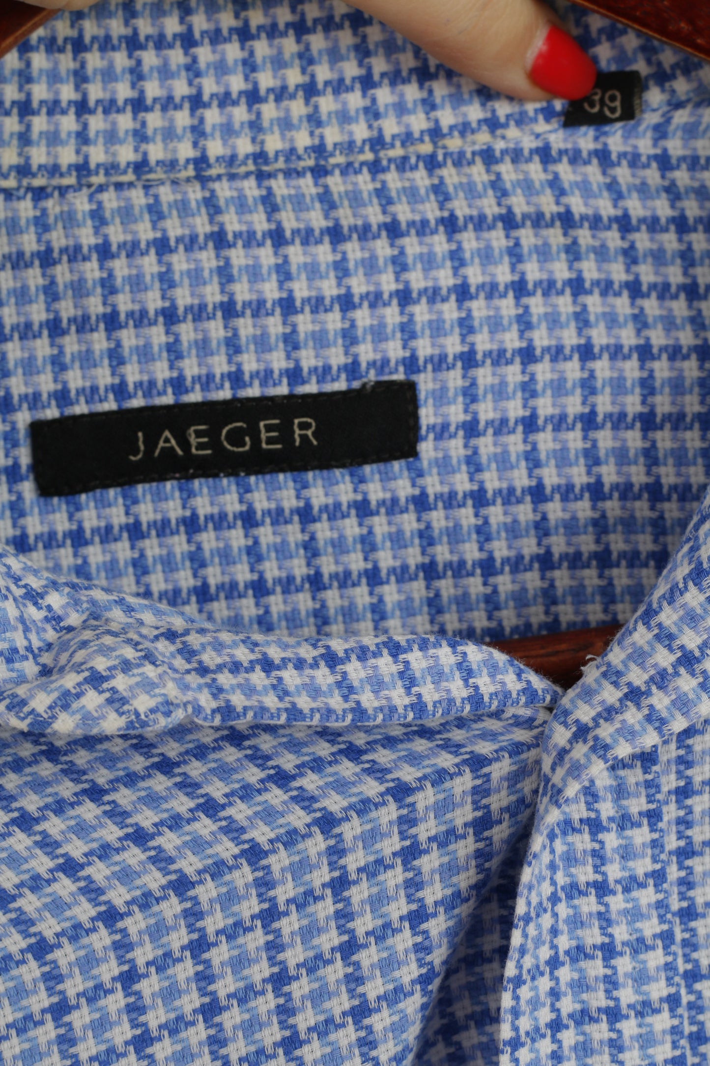 Jaeger Men 15.5 39 M Casual Shirt Blue Houndstooth Cotton Long Sleeve Top