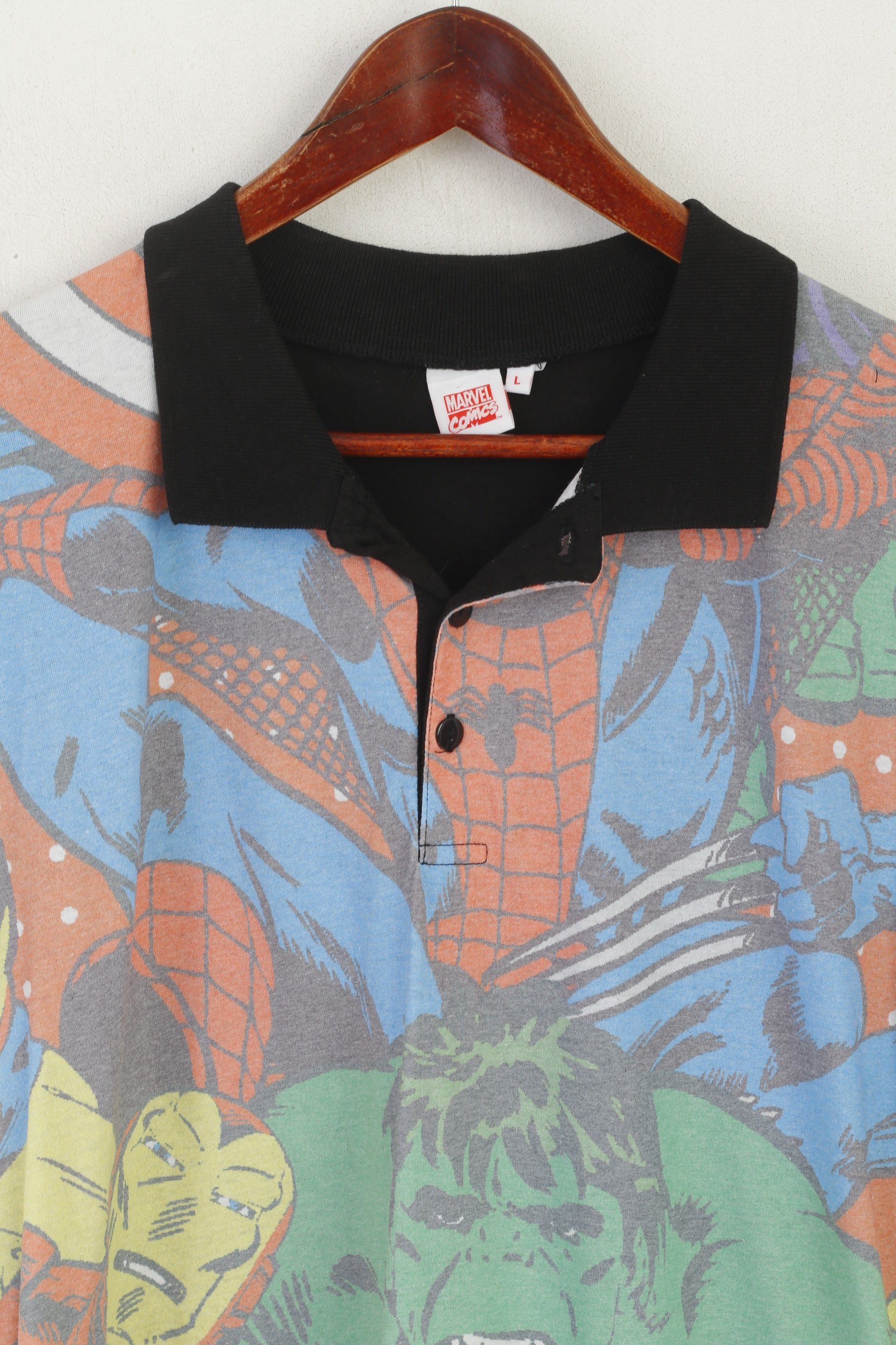 Marvel Comics Men L Polo Shirt Black Cotton Superhero Hulk Spiderman Retro Top