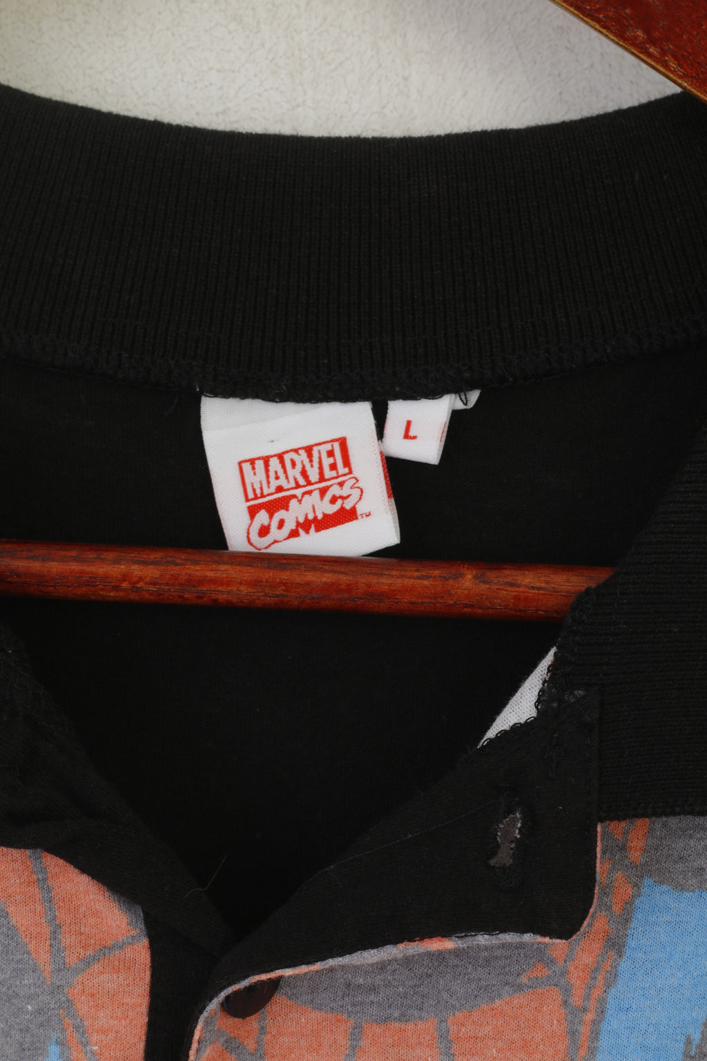 Marvel Comics Men L Polo Shirt Black Cotton Superhero Hulk Spiderman Retro Top