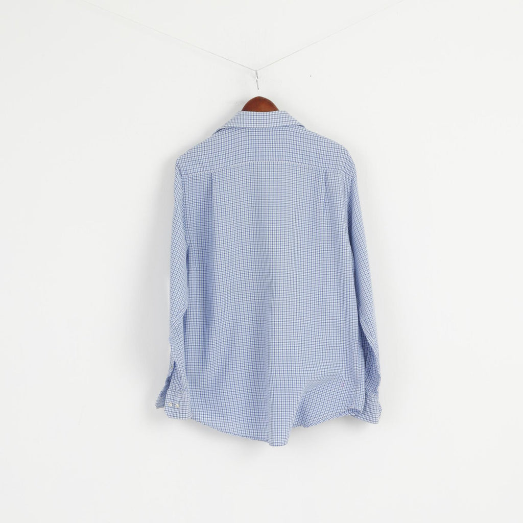 Jaeger Men 15.5 39 M Casual Shirt Blue Houndstooth Cotton Long Sleeve Top