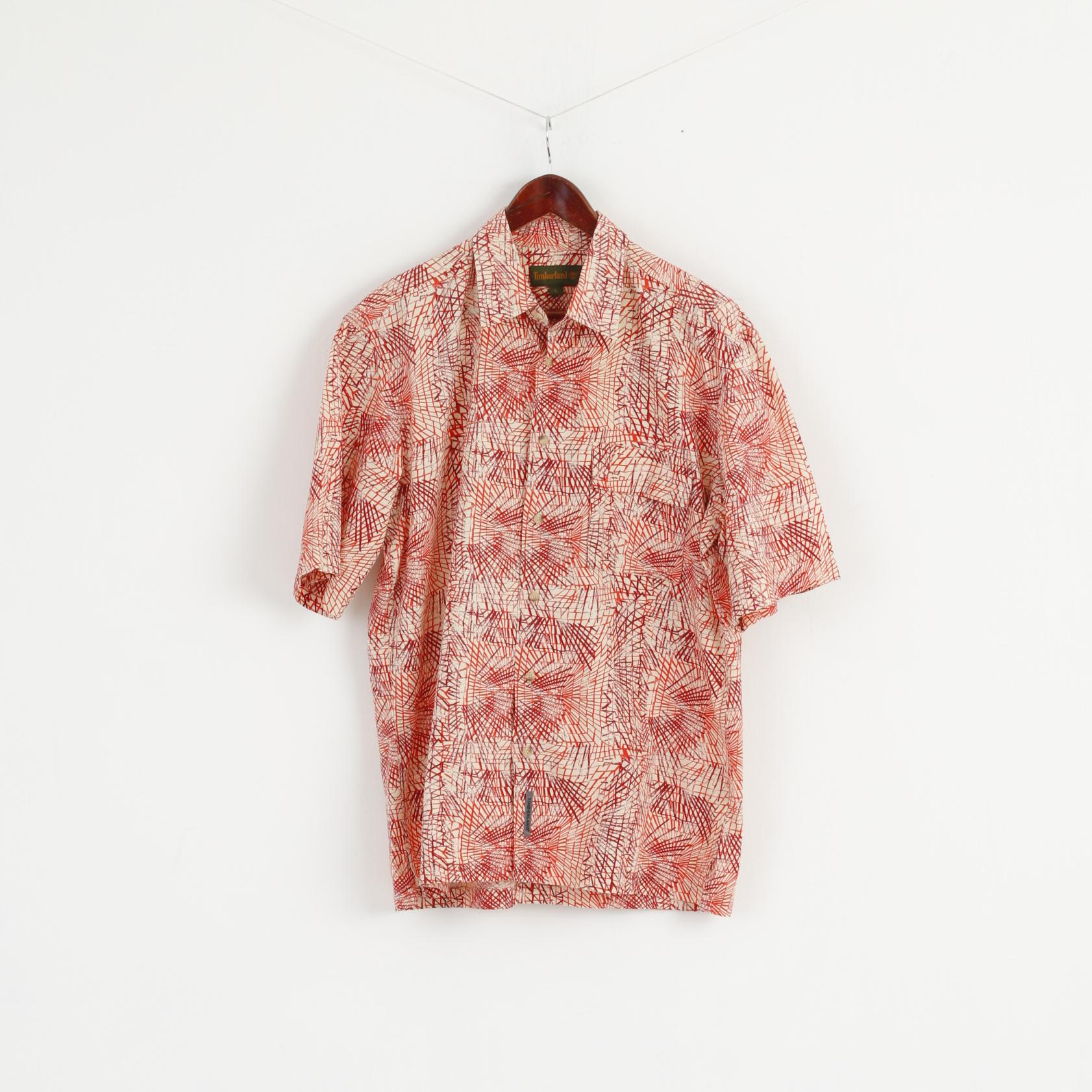 Timberland Men L Casual Shirt Orange Cotton Outdoor Short Sleeve Detailed Buttons Top