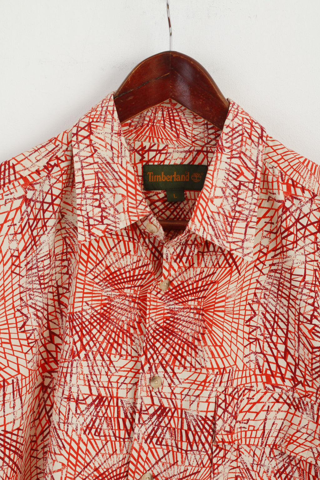 Timberland Men L Casual Shirt Orange Cotton Outdoor Short Sleeve Detailed Buttons Top