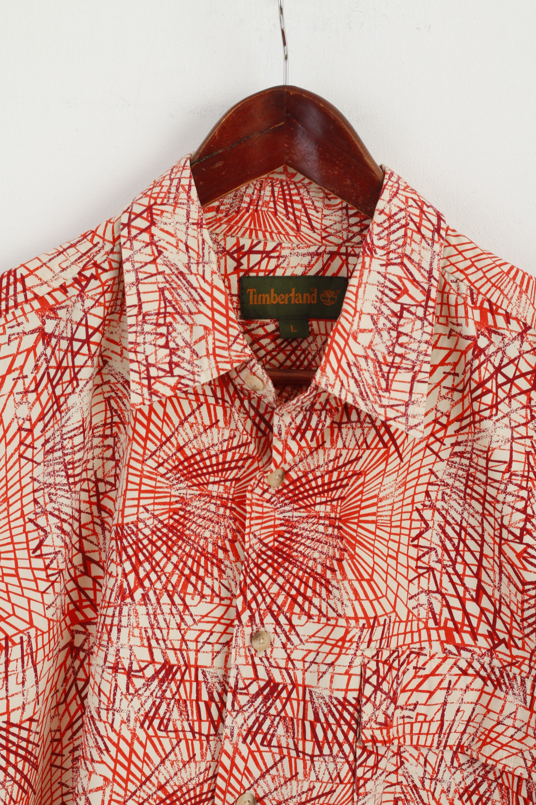 Timberland Men L Casual Shirt Orange Cotton Outdoor Short Sleeve Detailed Buttons Top