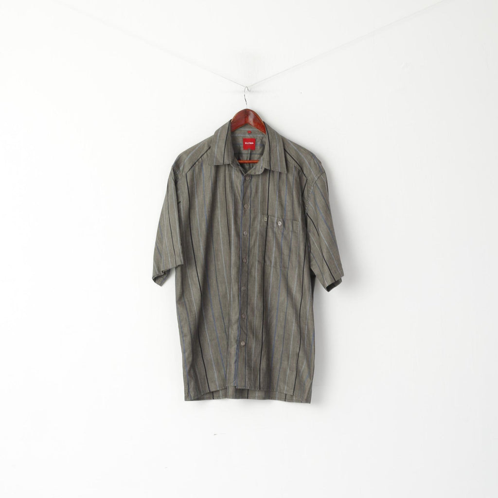 Camicia casual Olymp Novum da uomo L (XL) Top classico a maniche corte in cotone a righe grigie