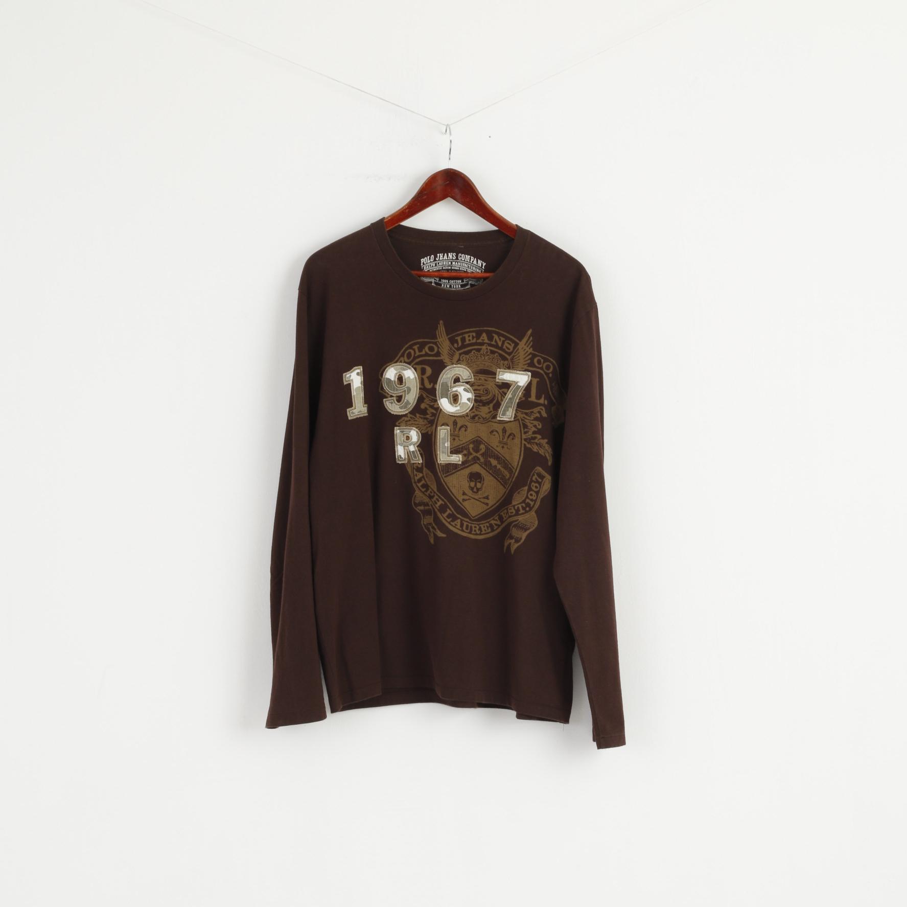 Polo Jeans Ralph Lauren Camicia XL da uomo Marrone Girocollo Top grafico in cotone a maniche lunghe
