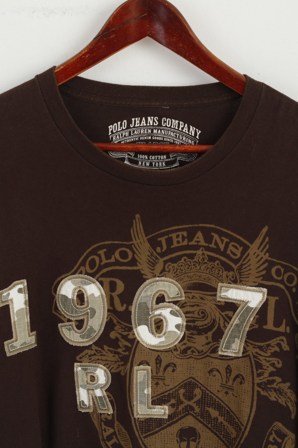 Polo Jeans Ralph Lauren Camicia XL da uomo Marrone Girocollo Top grafico in cotone a maniche lunghe