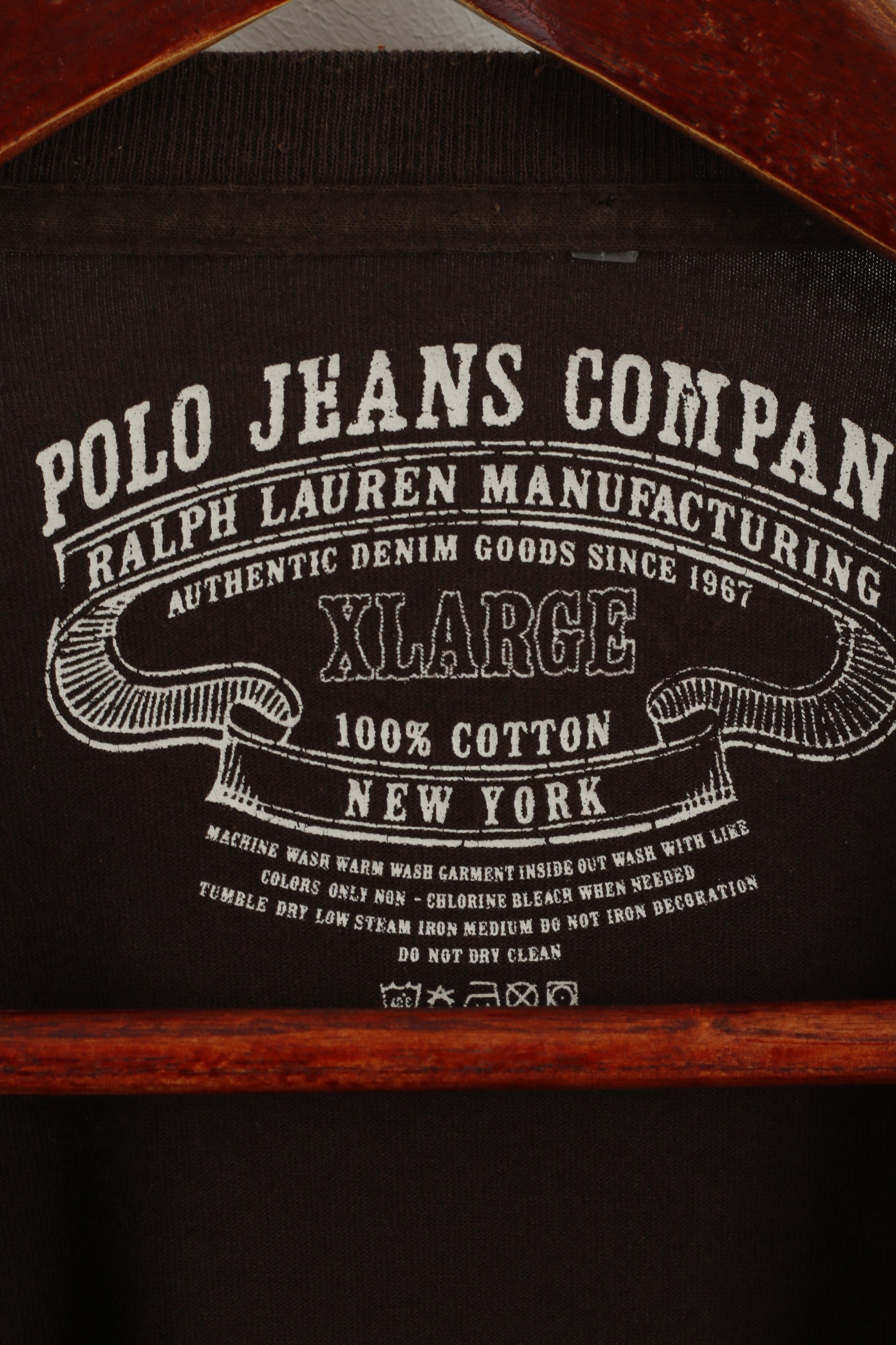 Polo Jeans Ralph Lauren Camicia XL da uomo Marrone Girocollo Top grafico in cotone a maniche lunghe