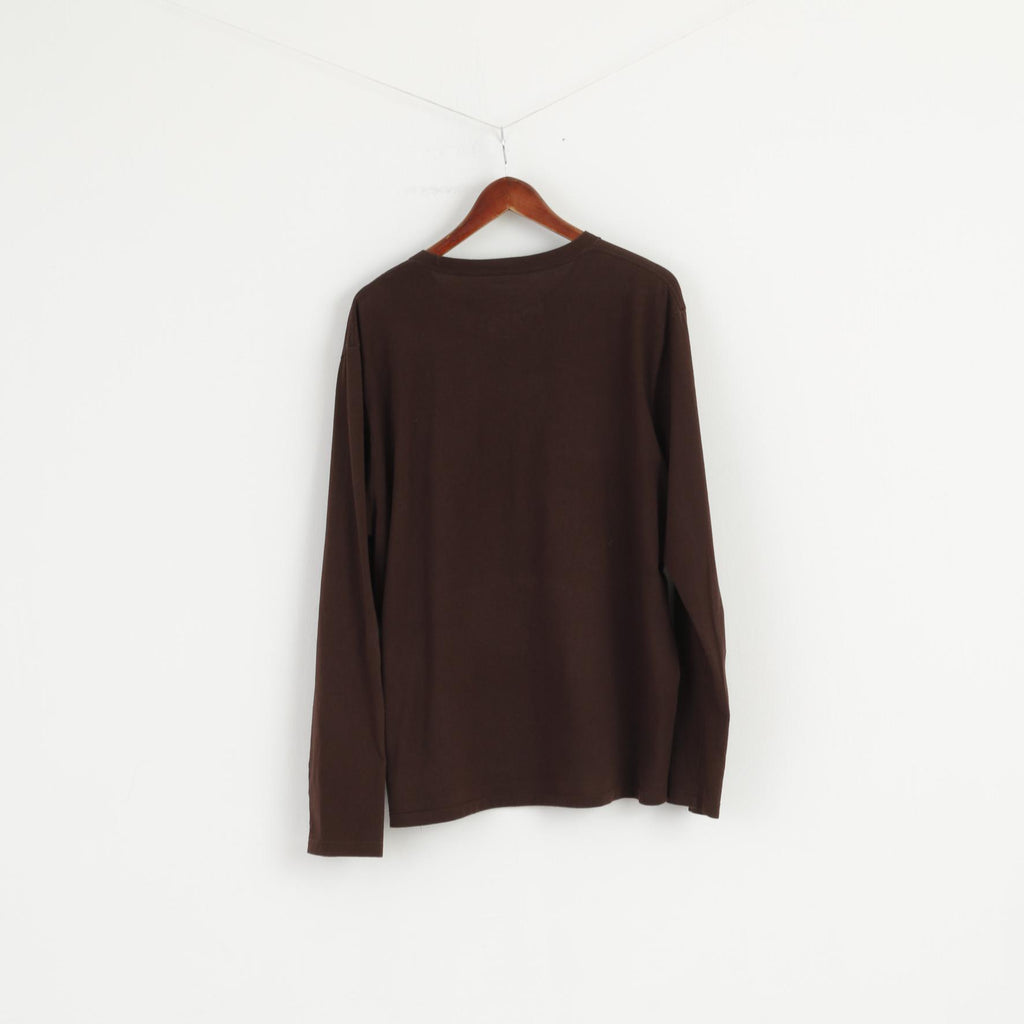 Polo Jeans Ralph Lauren Camicia XL da uomo Marrone Girocollo Top grafico in cotone a maniche lunghe