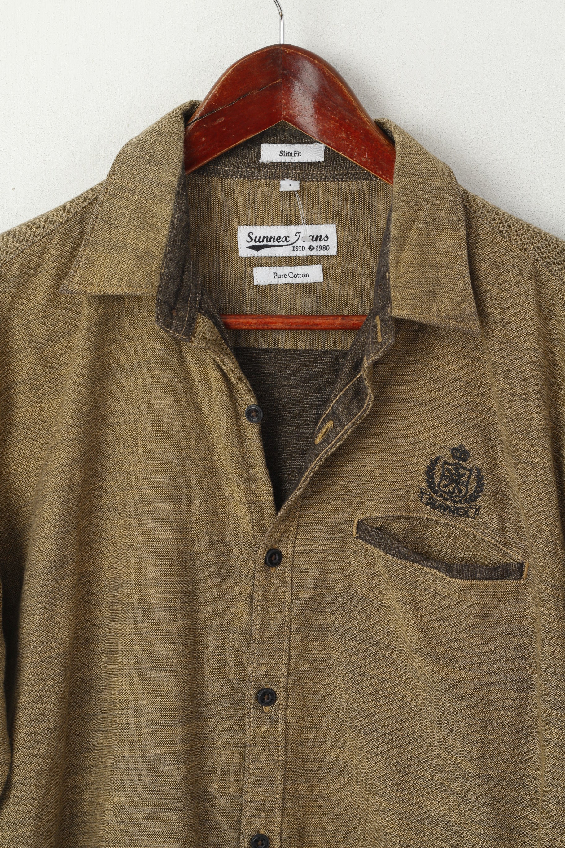 Sunnex Jeans Men L (M) Casual Shirt Brown India Slim Fit Pure Cotton Long Sleeve Top