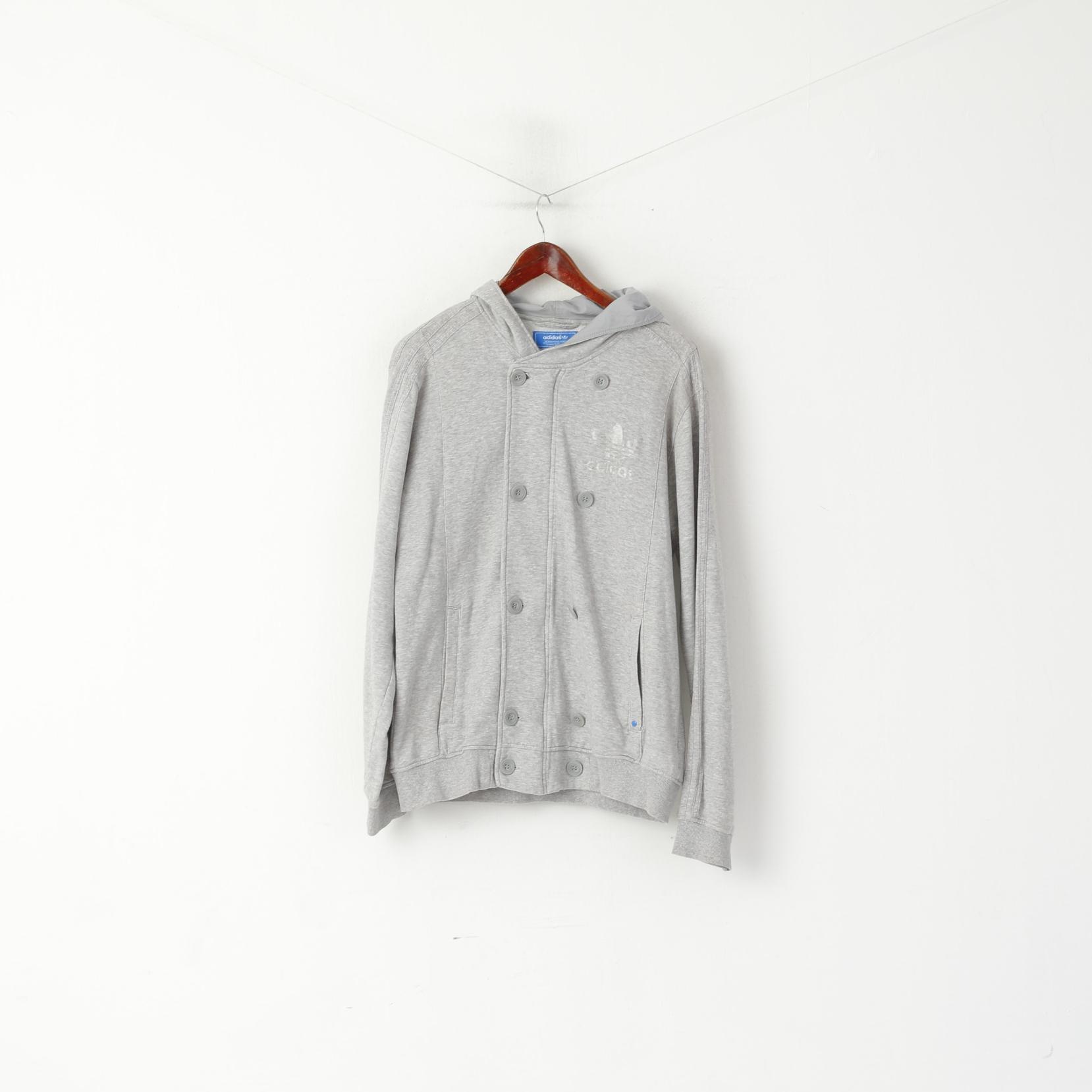 Adidas Men L Sweatshirt Gris Coton À Capuche Fermeture Éclair Complète Boutons Haut Décontracté