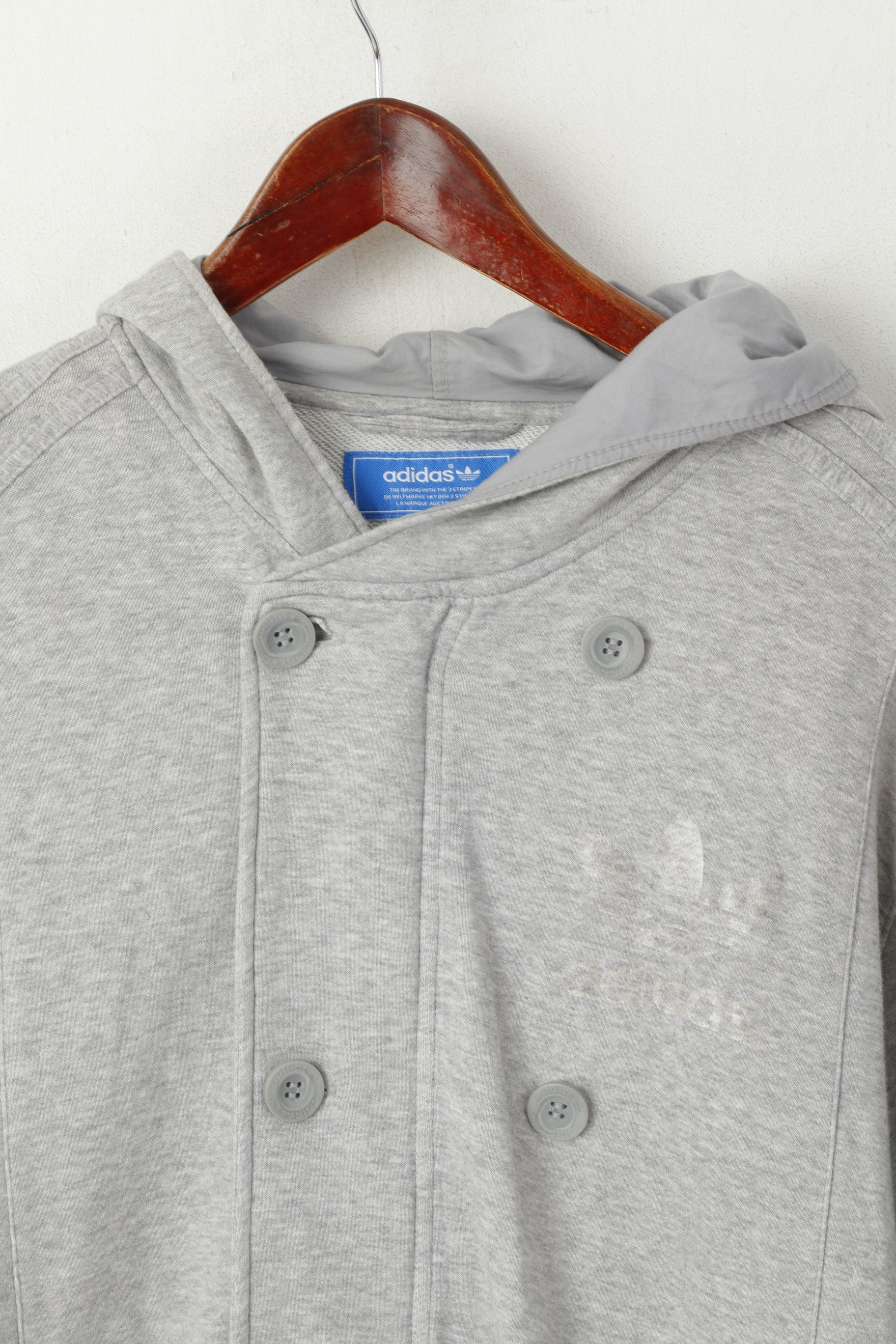 Adidas Men L Sweatshirt Gris Coton À Capuche Fermeture Éclair Complète Boutons Haut Décontracté