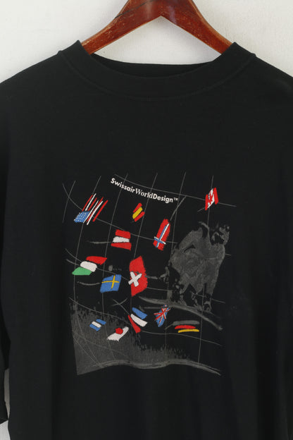 Swissair World Design Hommes XL T-Shirt Noir 100% Coton Haut Graphique