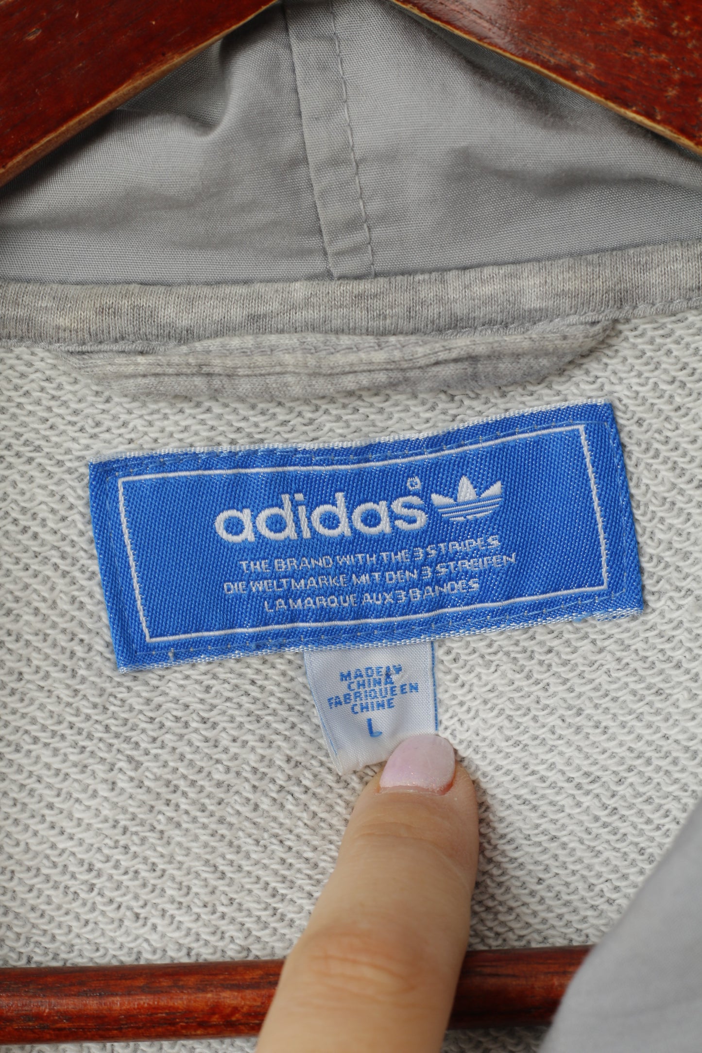 Adidas Men L Sweatshirt Grey Cotton Hooded Full Zipper Buttons Casual Top