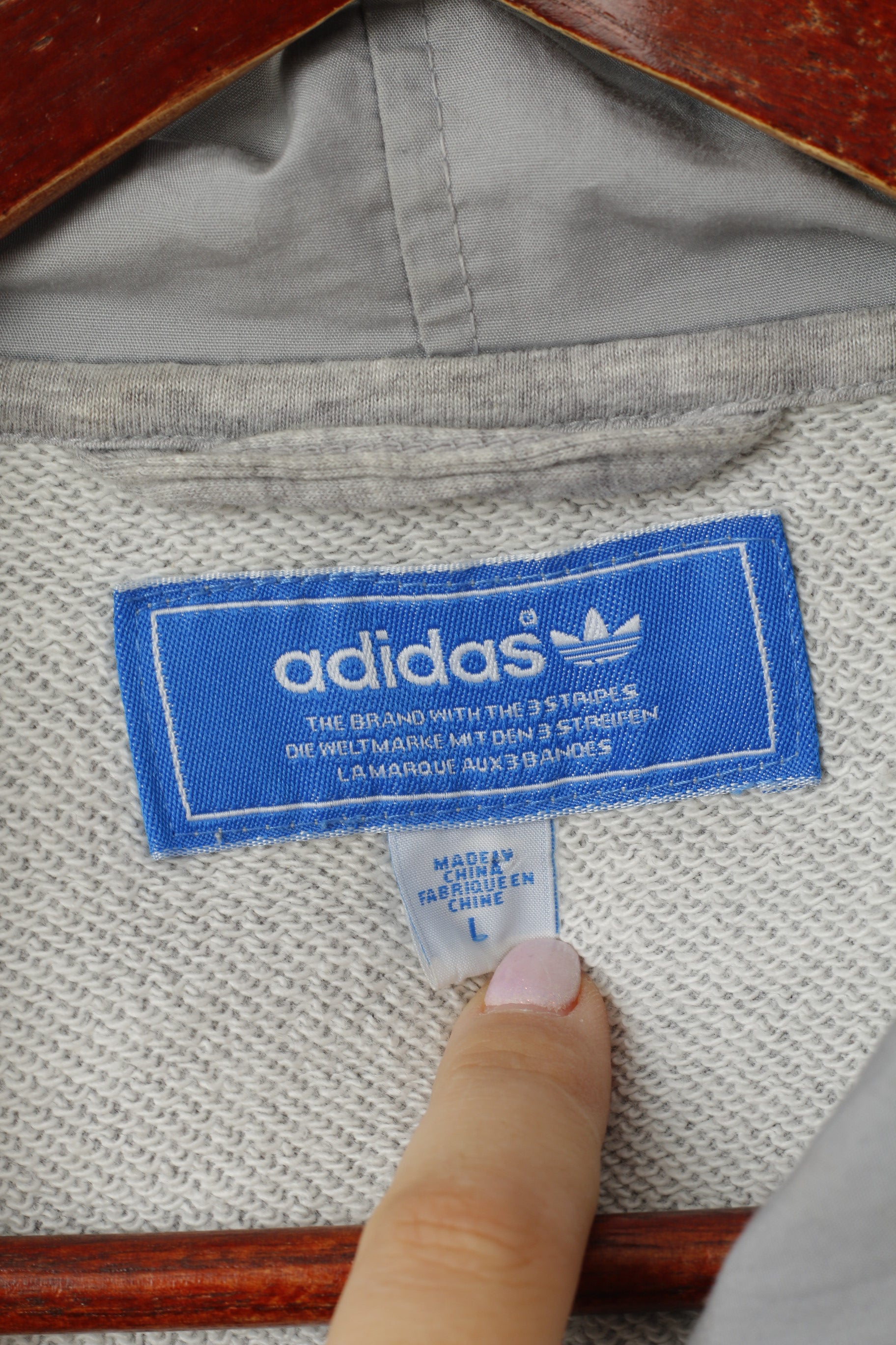 Adidas Men L Sweatshirt Gris Coton À Capuche Fermeture Éclair Complète Boutons Haut Décontracté