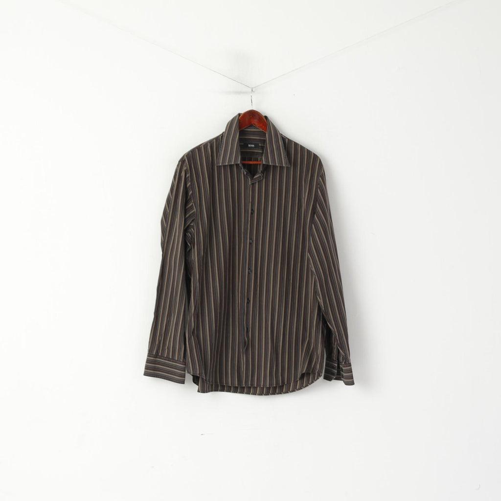 Hugo Boss Men 17 43 XL Casual Shirt Brown Cotton Striped Long Sleeved Top