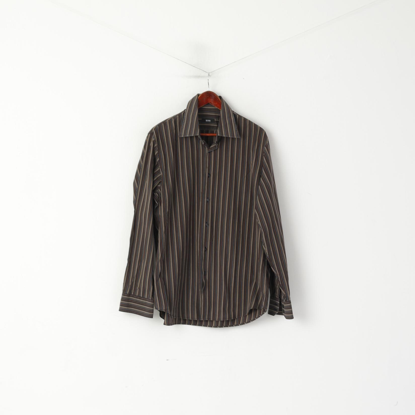 Hugo Boss Men 17 43 XL Casual Shirt Brown Cotton Striped Long Sleeved Top