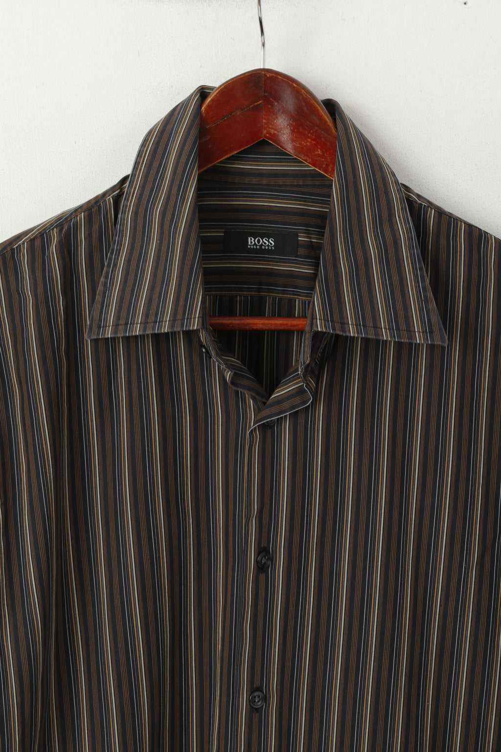 Hugo Boss Men 17 43 XL Casual Shirt Brown Cotton Striped Long Sleeved Top