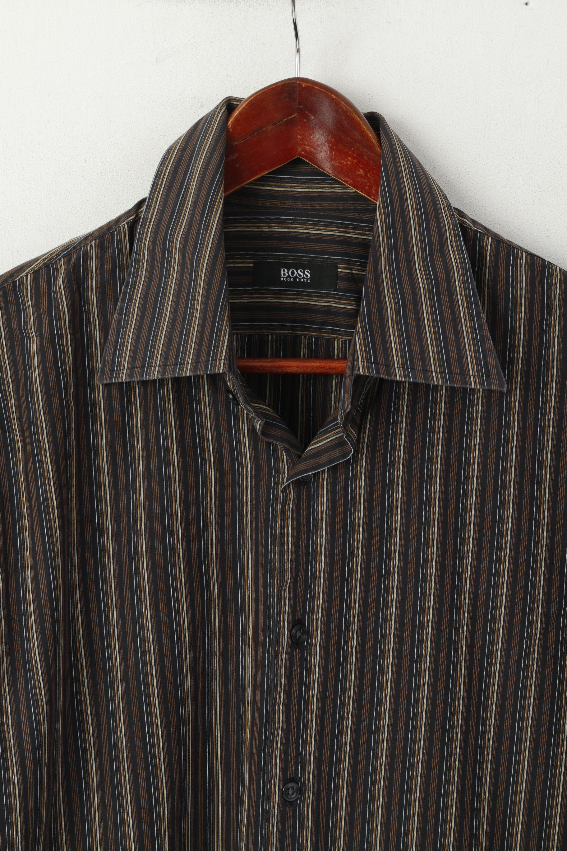 Hugo Boss Men 17 43 XL Casual Shirt Brown Cotton Striped Long Sleeved Top