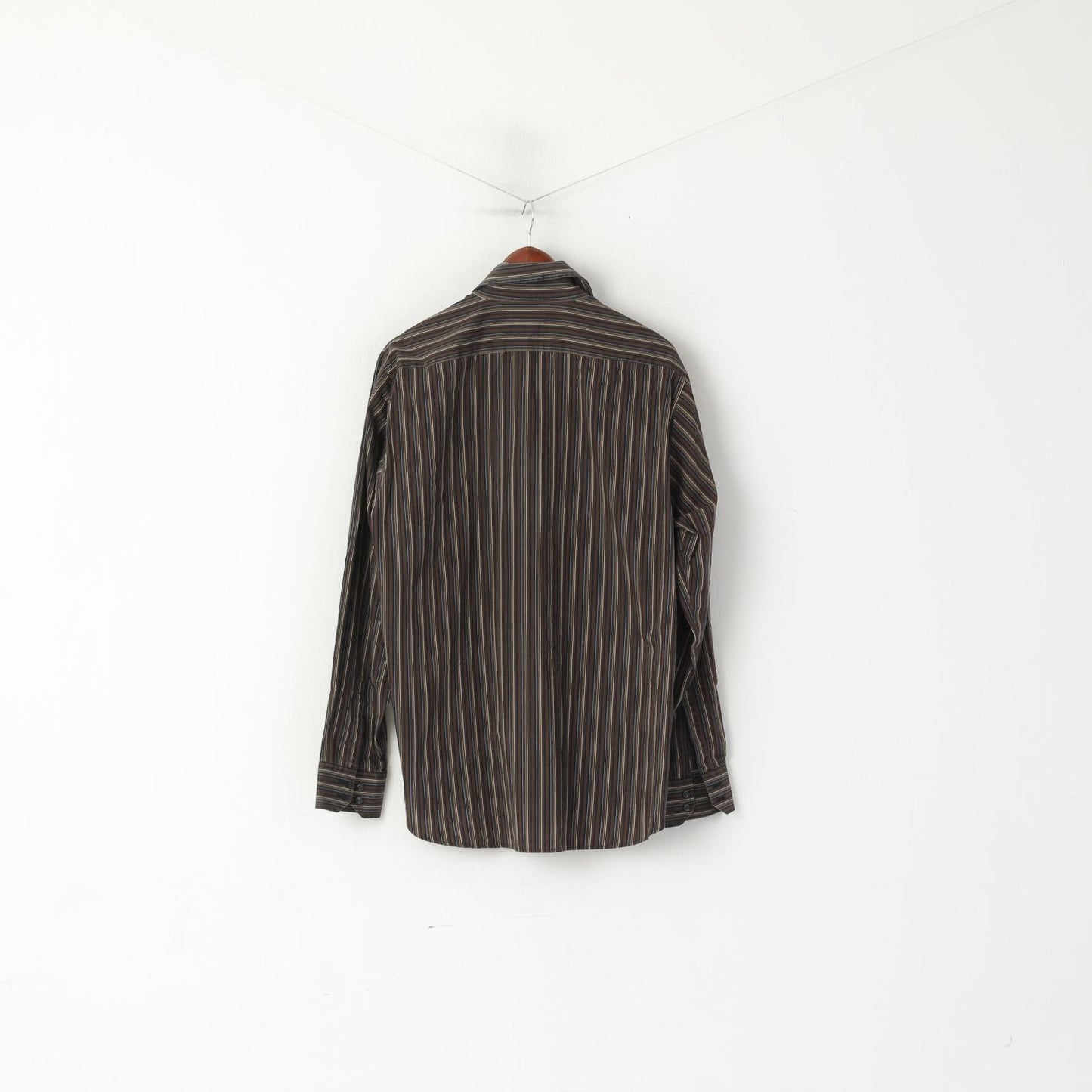 Hugo Boss Men 17 43 XL Casual Shirt Brown Cotton Striped Long Sleeved Top