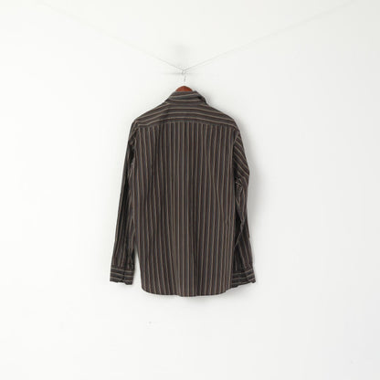 Hugo Boss Men 17 43 XL Casual Shirt Brown Cotton Striped Long Sleeved Top