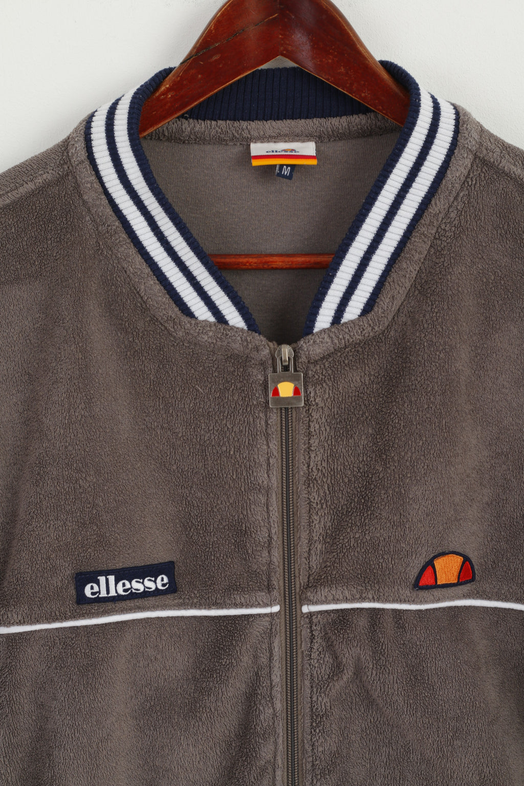 Ellesse Men M Sweatshirt Grey Vintage Full Zipper Baseball Collar Frotte Top