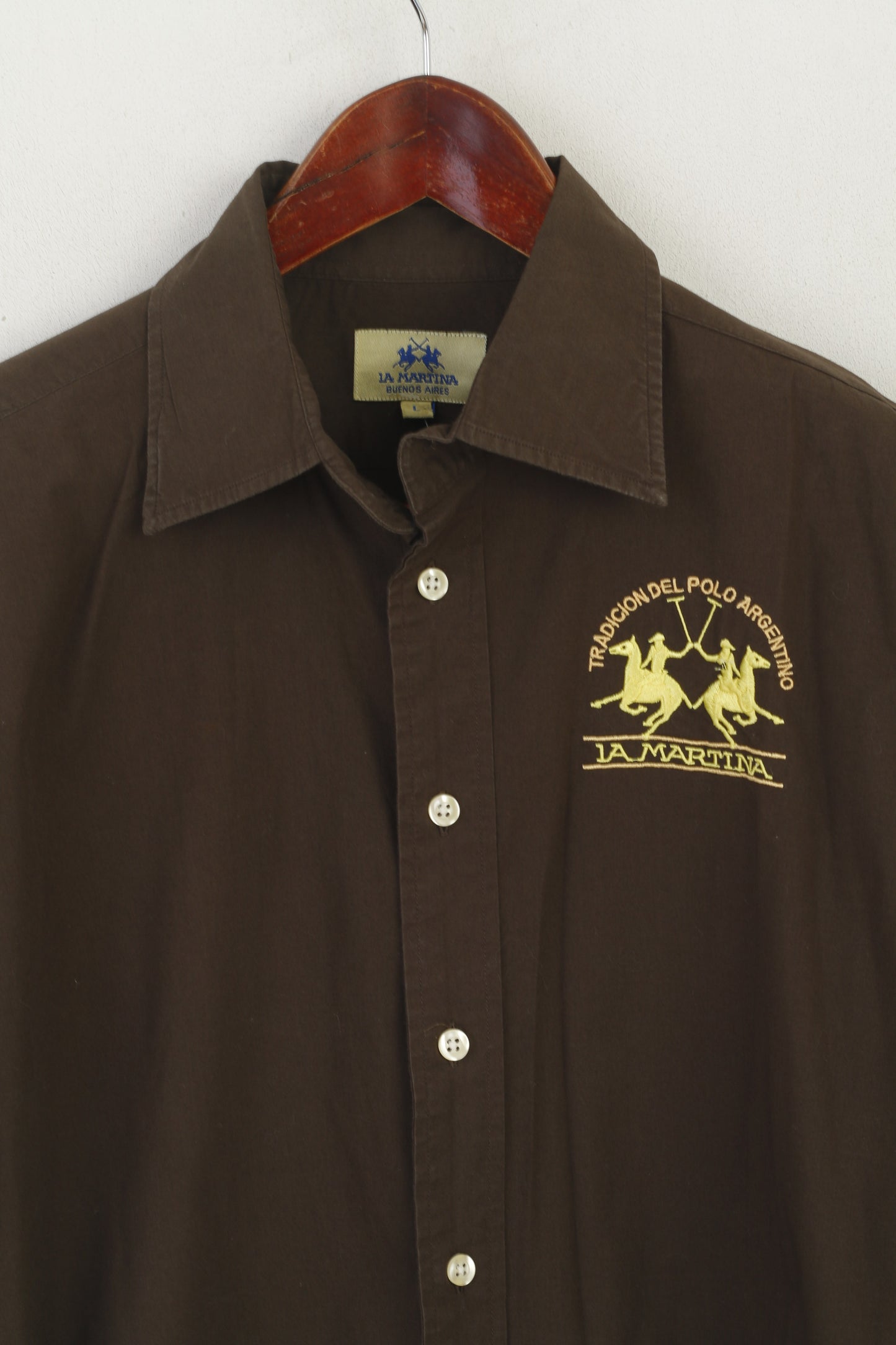 La Martina Men L Casual Shirt Brown Cotton Polo Argentino Long Sleeve Top