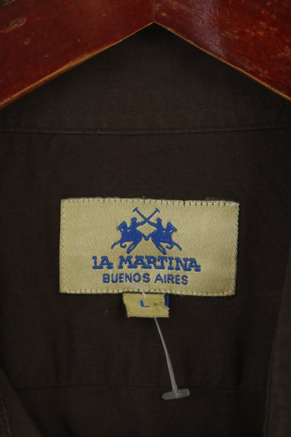 La Martina Men L Casual Shirt Brown Cotton Polo Argentino Long Sleeve Top