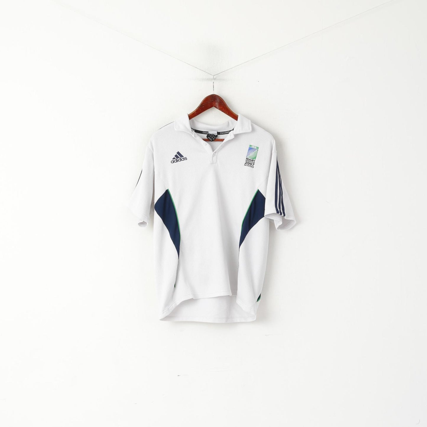 Adidas IRB Men M Polo Shirt White 2007 Rugby World Cup France Vintage Top