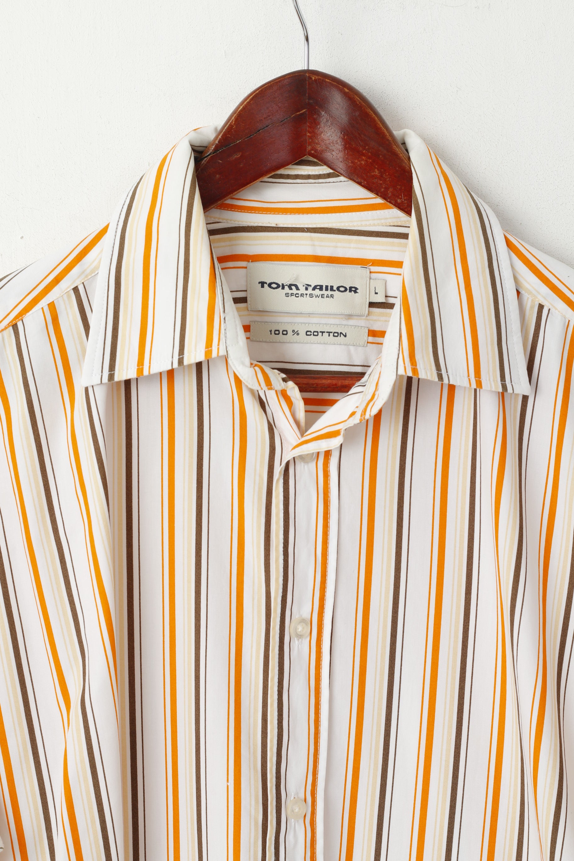 Tom Tailor Men L Casual Shirt Orange Striped Cotton Sportswear Long Sleeve Top