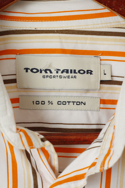 Tom Tailor Hommes L Chemise Décontractée Orange Rayé Coton Sportswear Haut À Manches Longues