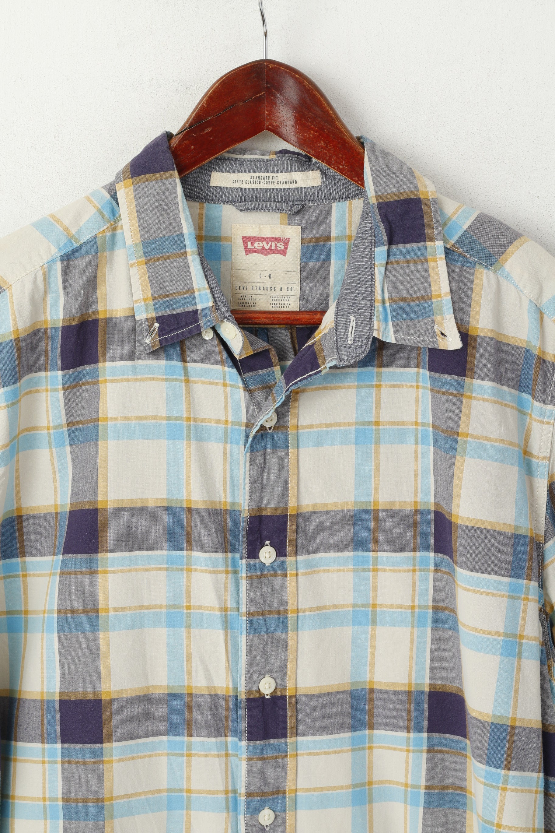 Levi's Men L Casual Shirt Blue Check Standrad Fit Long Sleeve Vintage Top
