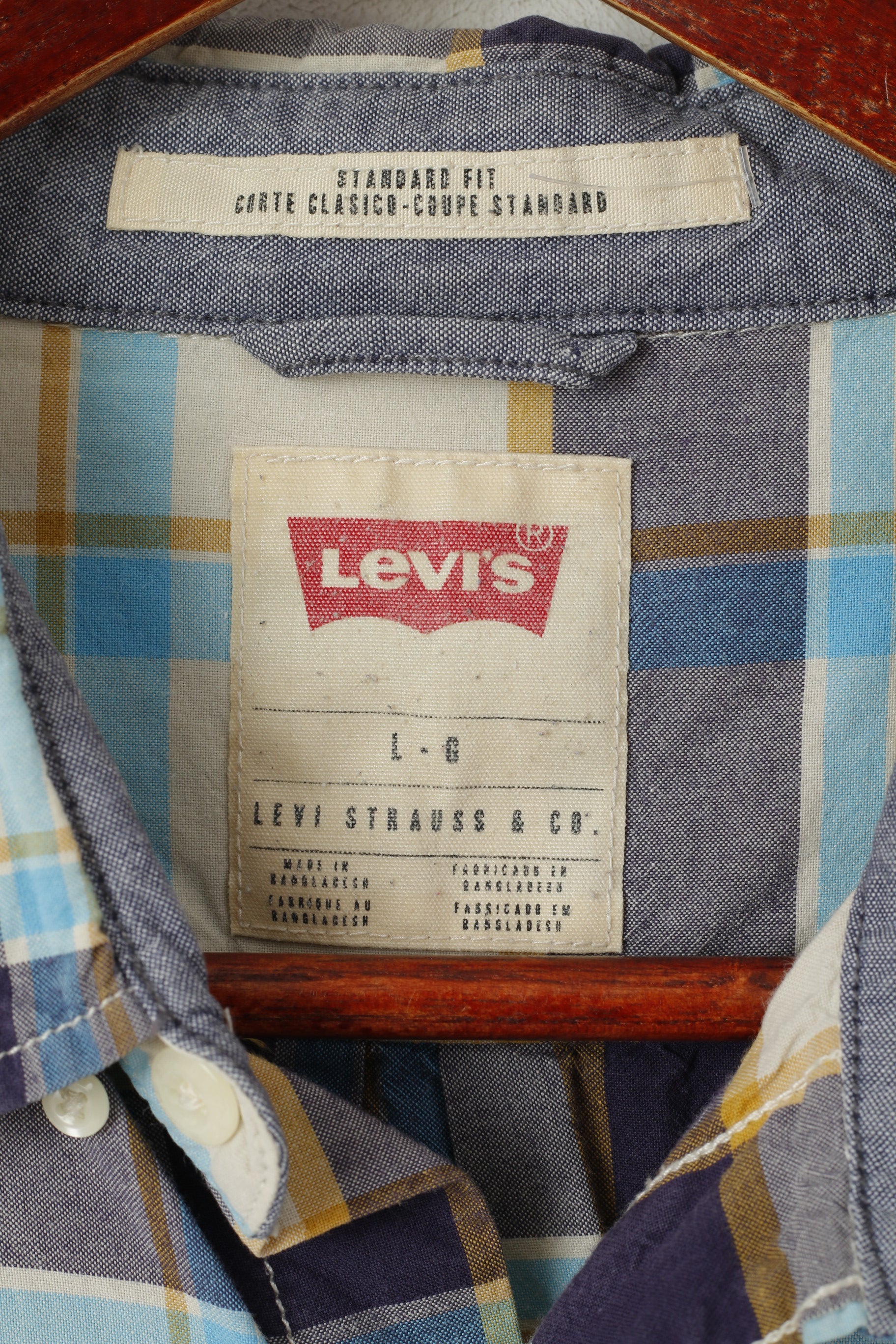 Levi's Men L Casual Shirt Blue Check Standrad Fit Long Sleeve Vintage Top
